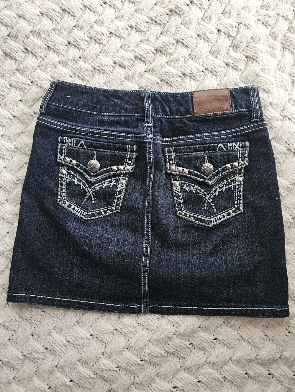 Dark Indigo Denim Mini Skirt with Embroidered Back Pockets